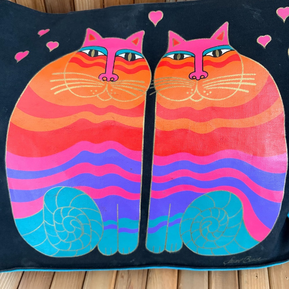 Laurel Burch Colorful Cat Canvas Tote Bag Large Folk Art Cats Like New